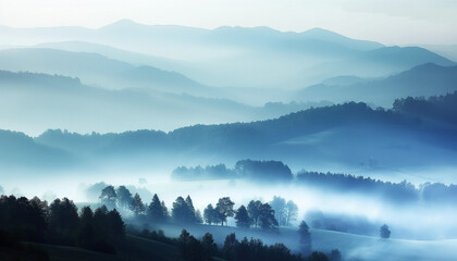 A misty landscape of rolling hills and trees, covered in soft blue fog, creating a serene and ethereal scene