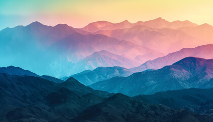 A vibrant mountain landscape with layers of ridges in shades of pink, blue, and purple, creating a surreal and colorful view