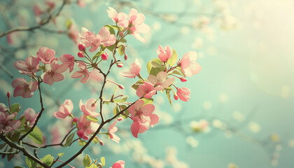Fototapeta premium A close-up of blooming pink flowers on branches against a bright blue sky, capturing the essence of spring
