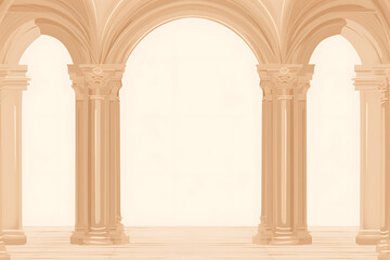 Beige arched colonnade, classical architecture, empty interior.
