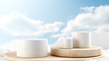 White cylinder podiums on a wooden platform against a sky with clouds.
