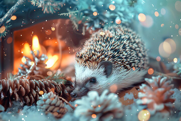 Hedgehog by a warm fireplace, winter scene.
