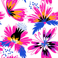 Seamless pattern with abstract flowers print on white background.; Creative texture for fabric; wrapping; textile; wallpaper. Bright Vector illustration in modern style