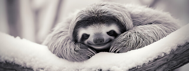 Sleepy sloth resting in snow.
