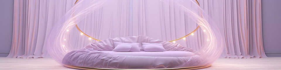 Empty, lavender-colored bed, soft lighting.