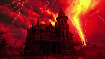 Old scary wooden house illuminated with lightning in the red sky. Halloween spooky horror castle concept - Powered by Adobe