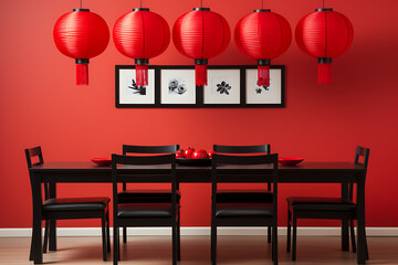 Red lanterns, black chairs, and a red wall create a festive Chinese New Year dining room. 