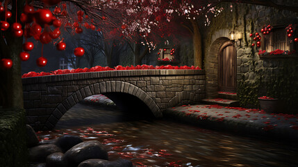 Red-lit bridge over a dark stream, fantasy scene.
