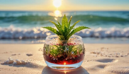 Green Plant in a Glass Vase on the Beach.