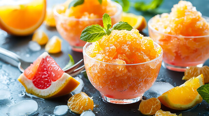 Refreshing orange sorbet with citrus fruit, mint leaves, and ice, perfect for a summery dessert.