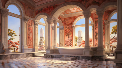 Obraz premium A white bathtub in a luxurious, marble-columned room with pink and white accents, conveying a sense of tranquility and escape. 