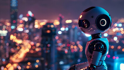A futuristic robot overlooking a vibrant cityscape at night, showcasing advancements in artificial intelligence and urban technology.