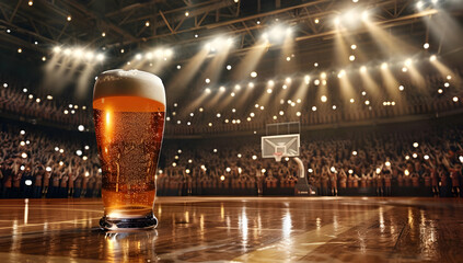 A glass of beer sitting on a basketball court with a hoop and illuminated arena in the background.
