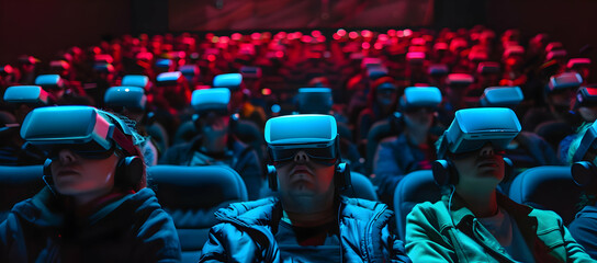 Audience in a dark theater wearing VR headsets, experiencing an immersive virtual reality performance with red ambient lighting.