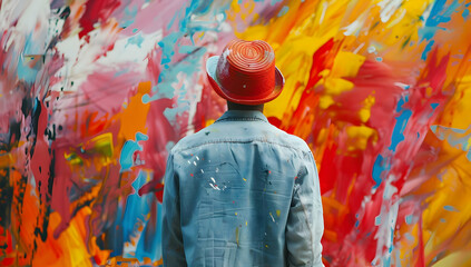 Colorful abstract art with a person wearing a red hat and denim shirt, gazing at a vibrant and expressive painted wall.