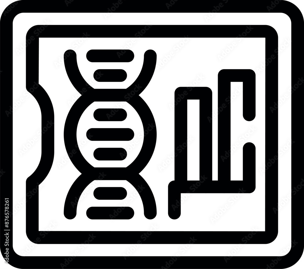 Poster icon of dna double helix and bar graph displayed on a digital tablet, representing genetic analysis 