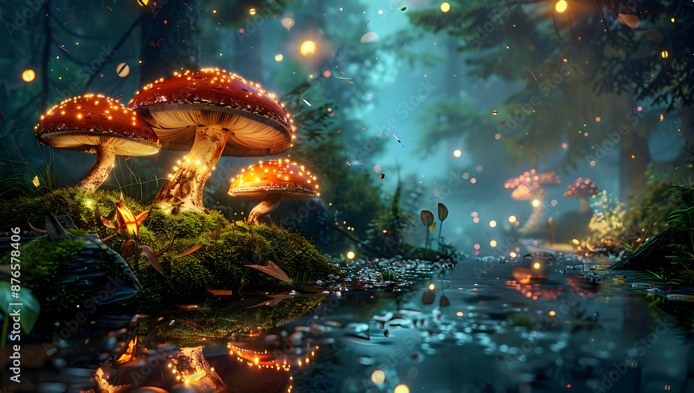 Poster enchanted forest with glowing mushrooms and shimmering lights reflecting on a serene stream, creatin
