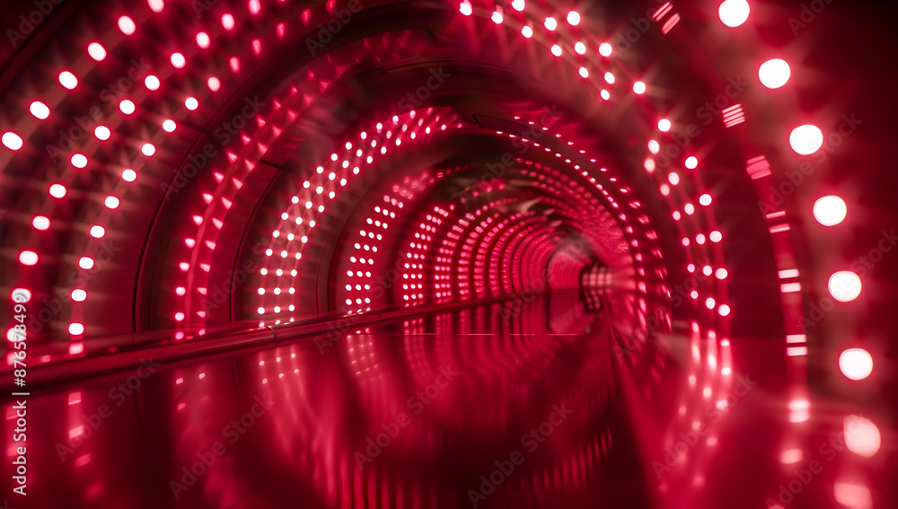 Poster futuristic red led light tunnel with reflections, creating a mesmerizing and vibrant visual effect.