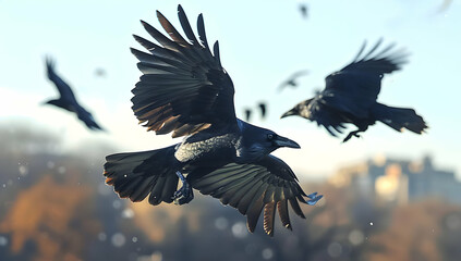 Flock of black ravens flying over a city park with autumn trees, capturing the beauty and mystique of urban wildlife.