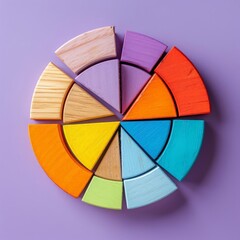Obraz premium Wooden blocks with pie chart segments on a purple background, illustrating financial distribution for investment analysis Flat lay High quality, no realistic photo details