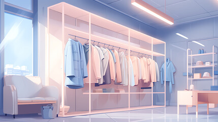 Pastel blue and pink clothing rack with coats and jackets in a stylish boutique for a modern fashion concept. 
