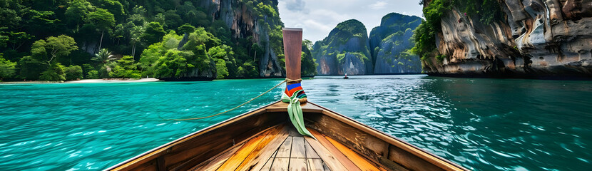 Long-tail boat on turquoise water surrounded by limestone cliffs and lush greenery under a cloudy sky in a tropical paradise.