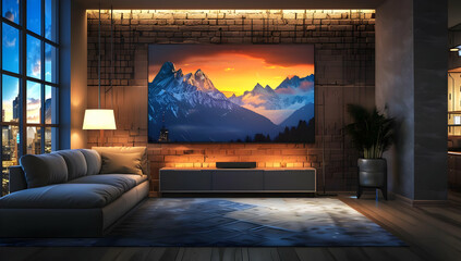Modern living room with a large TV displaying a stunning mountain sunset. Cozy ambiance with a sofa and warm lighting.