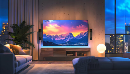 Modern living room with large TV showcasing a mountain landscape, cozy sofas, city view from the window, and ambient lighting at night.