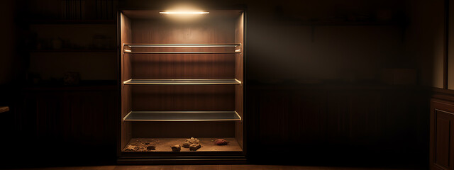 Empty shelves in a dark room.