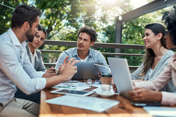 Cafe, business people and meeting with team for discussion, review and finance feedback with laptop. Outdoor, men and women for accounting firm with report, planning and ideas with employees