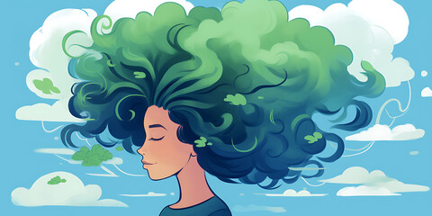 Woman with vibrant green hair, serene and thoughtful.