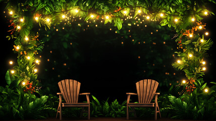 Two wooden chairs under a canopy of glowing lights and greenery.
