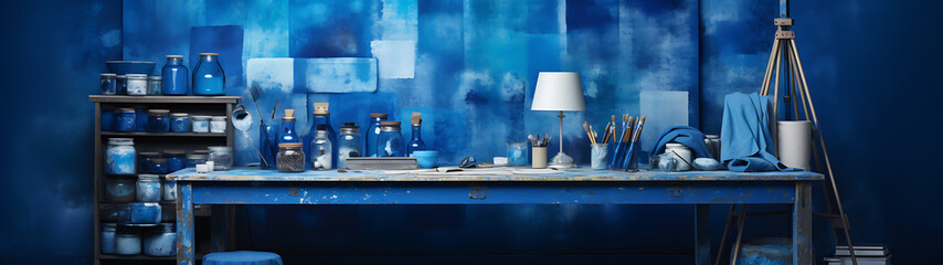 Blue room, empty shelves, and a table.