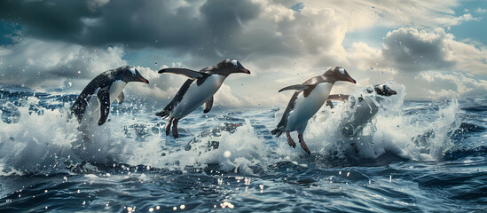Fototapeta premium Penguins leaping out of the ocean, creating splashes against a cloudy sky backdrop, showcasing playful marine wildlife in motion.