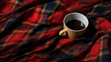 A cup of coffee on a red and black plaid blanket.
