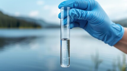 Hand in blue glove holding a test tube with water sample in front of a lake, testing water quality.