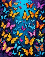 A vibrant pattern of colorful butterflies set against a dark blue background.