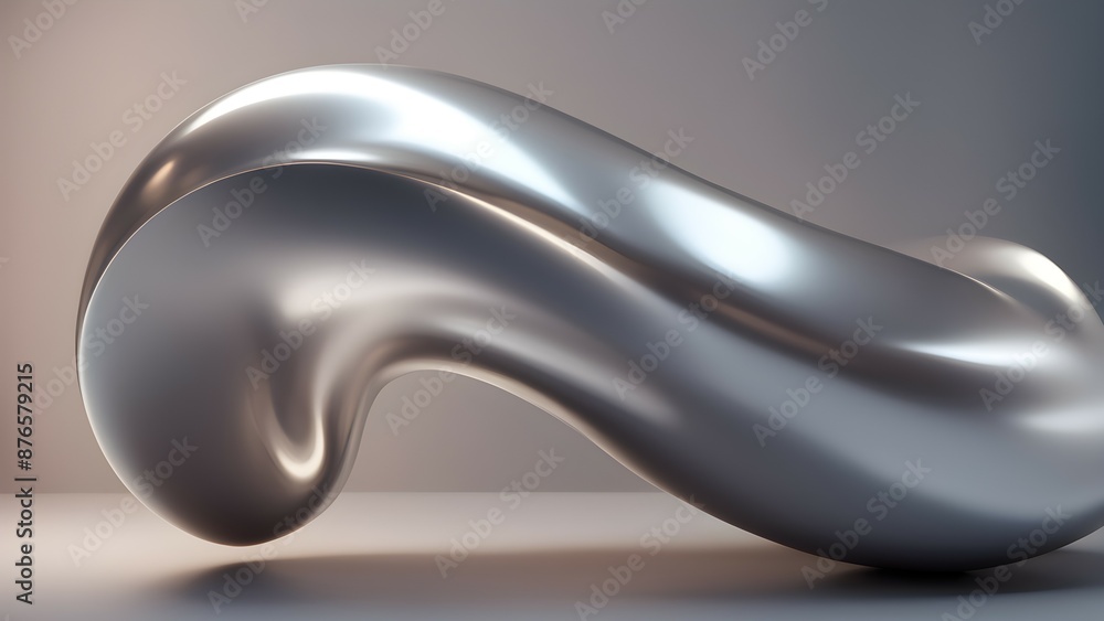 Poster metallic silver abstract 3d shape floating on a reflective surface