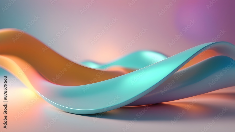 Poster abstract 3d rendering of intertwined, flowing shapes in blue and orange hues against a soft gradient