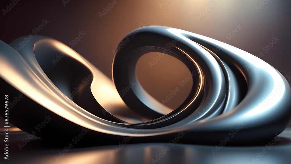 Poster abstract 3d rendering of intertwined metallic shapes with a glossy surface under warm lighting