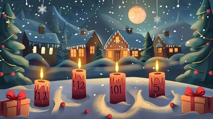 Obraz premium Advent calendar. Winter Christmas house. Christmas gifts. Vector graphics stock illustration