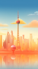 Sunrise cityscape, Shanghai tower, vibrant colors.
