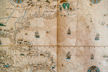 Old map of the Caribbean region with drawn ships