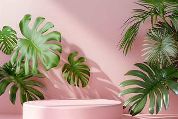 Fototapeta premium Pink podium, green leaves, pink background, minimalist, tropical, summer, product display. 