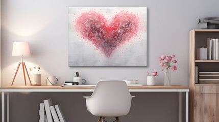 A pink heart abstract painting on a white wall in a modern home office with pink flowers and a white chair, evokes love, peace, and tranquility. 