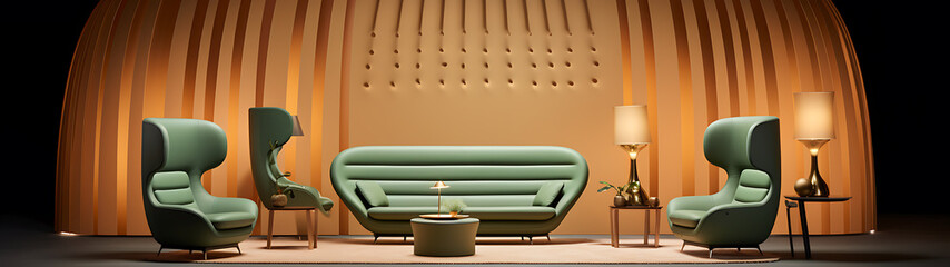 Green leather chairs and a sofa in a modern living room with warm orange walls and gold lamps create a cozy and inviting atmosphere. 