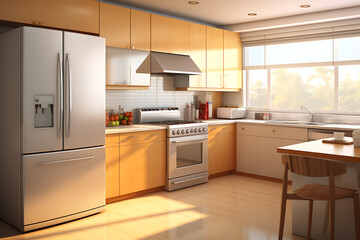 Modern kitchen interior design with stainless steel appliances, warm wood cabinets and a bright, airy feel.  