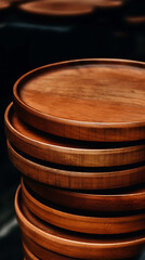 Fototapeta premium Stacked wooden plates, warm brown tones. 