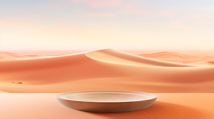 A wooden bowl sits on a platform overlooking a vast, orange desert with a soft, pink sky. 
