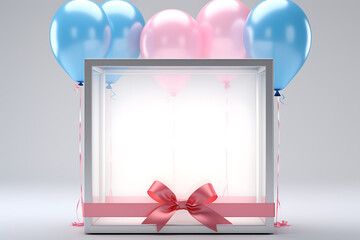 A clear glass box with a pink bow and blue and pink balloons for a celebratory event. 
